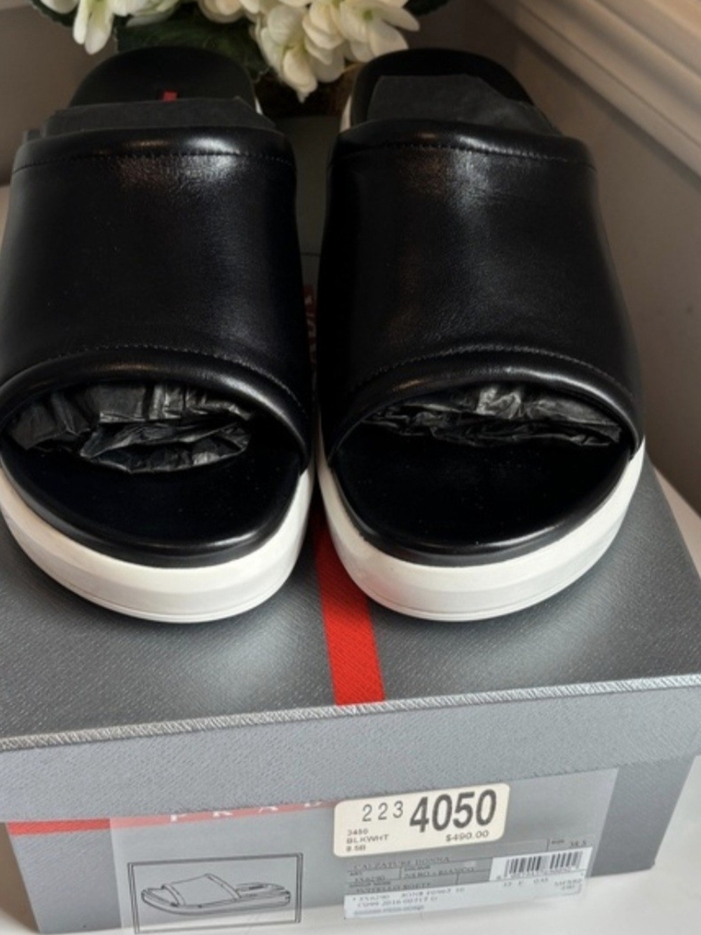 PRADA - Black Leather Slide Sandals - Women